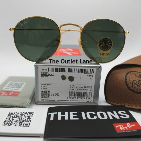 Model Display RayBan Round Metal Green G15 RB3447 Gold Frame - Picture 3 of 16